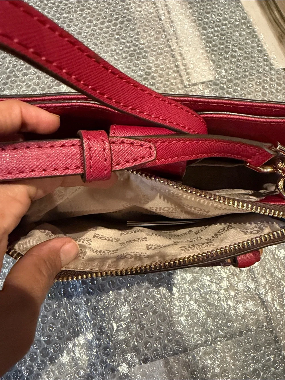 Michael Kors Brown & Red Logo Satchel with Gold Hardware